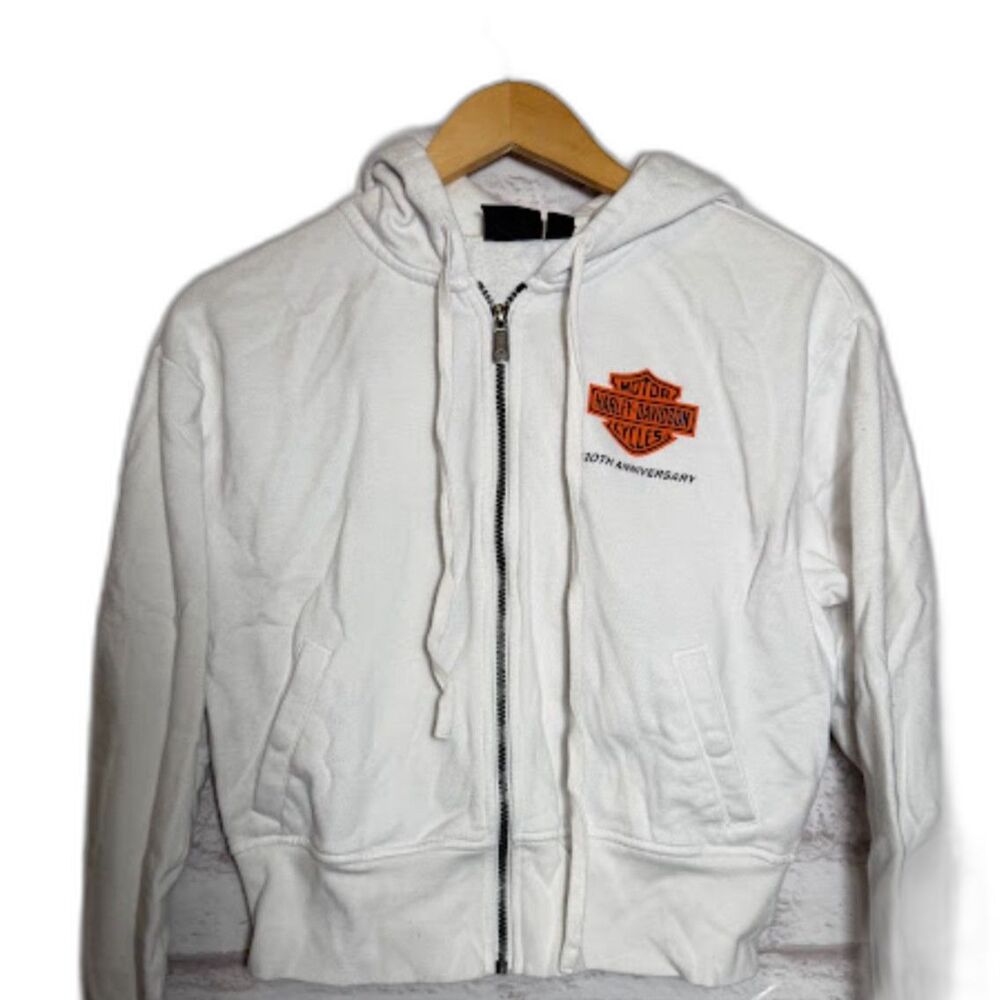 Harley Davidson Women's Hoodie Zip Front Cropped 120 Year Anniversary White sz M